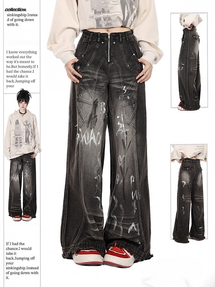 Black Closure Lines Visible Zipper Tie-Dye Graffiti Wide-Leg Jeans with Flowing