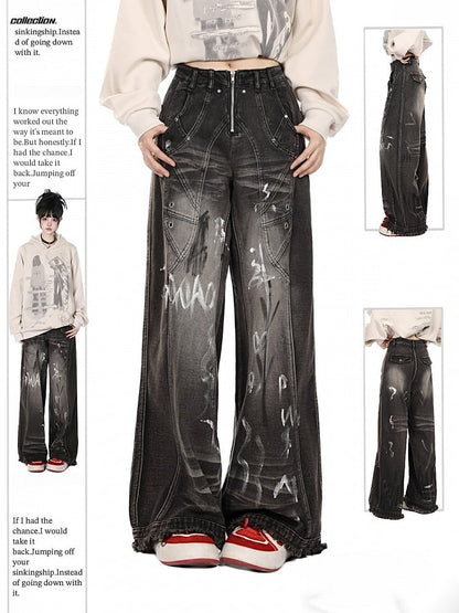 Black Closure Lines Visible Zipper Tie-Dye Graffiti Wide-Leg Jeans with Flowing