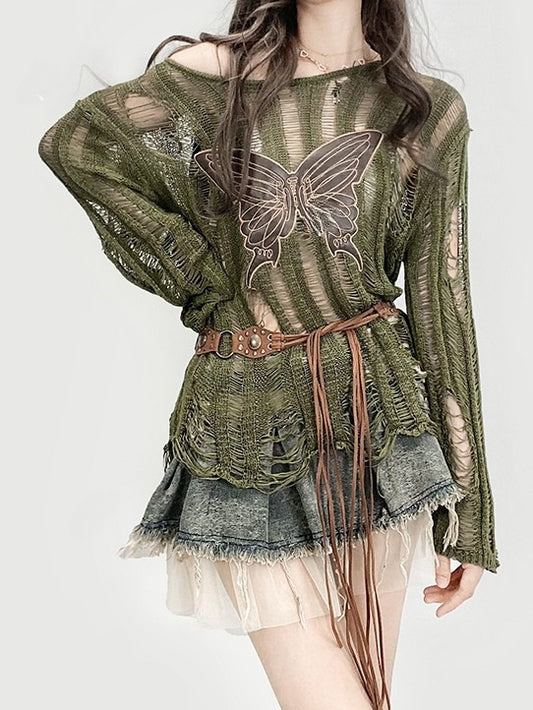 Knitted Applique Long Glamorous Sleeve Protection Butterfly Green Sun Top Bittersweet