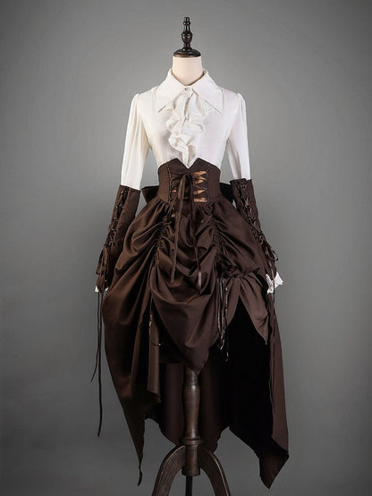 White Cascading Ruffle Pointed Foldover Collar Gothic Lolita Long Sleeves Shirt