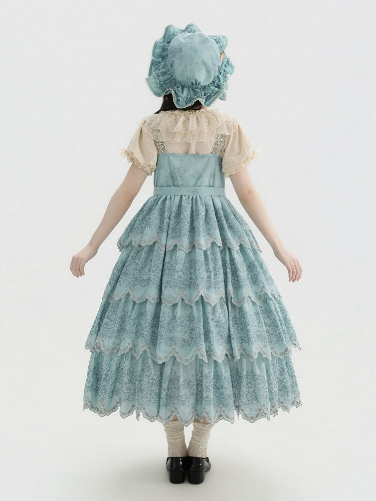 Jumper with Trim Scallop Skirt Blue Classic Layered Print Embroidered Lolita Floral