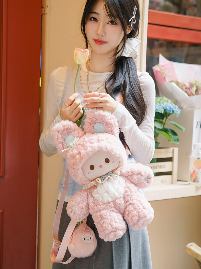 Plush Bowknot Pink Straps Detachable Backpack Decorated 43cm Rabbit Shoulder