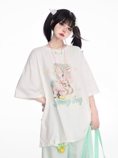 Tシャツ ホワイト ラウンドネック キュート 鹿柄 ルーズ