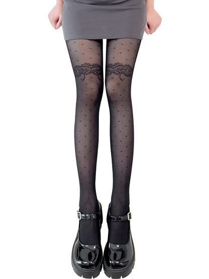 Semi-sheer Options Polka-dot 5 Bowknot Pattern Lolita Tights Black/White