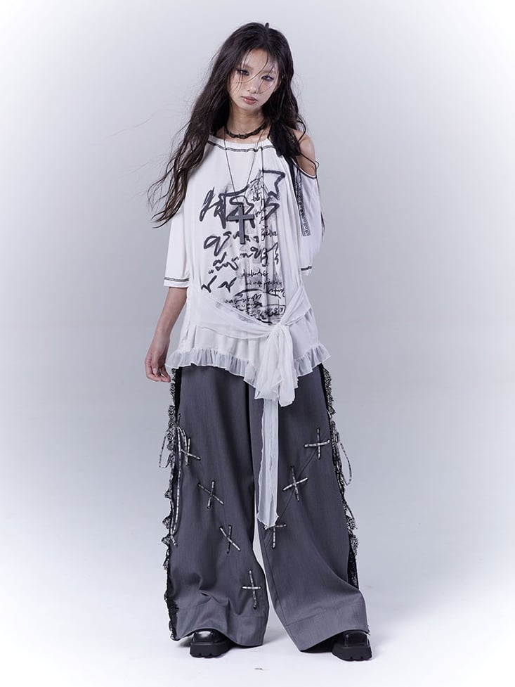 Dark Gray Lace Patches Lace-up with Casual Pants Details Side