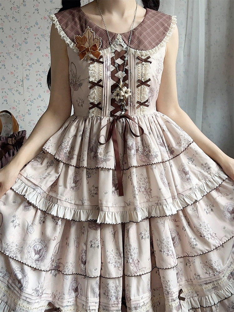 Beige & Brown Floral Print Tiered Ruffles Elegant Classic Lolita Dress with Plaid-Patterned Collar