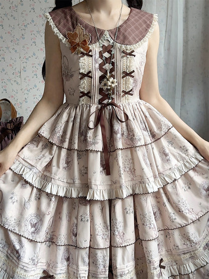 Beige & Brown Floral Print Tiered Ruffles Elegant Classic Lolita Dress with Plaid-Patterned Collar
