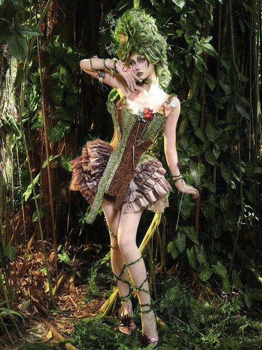 and Branch Corset Brown Forest Green Goth Fairy Asymmetrical Design