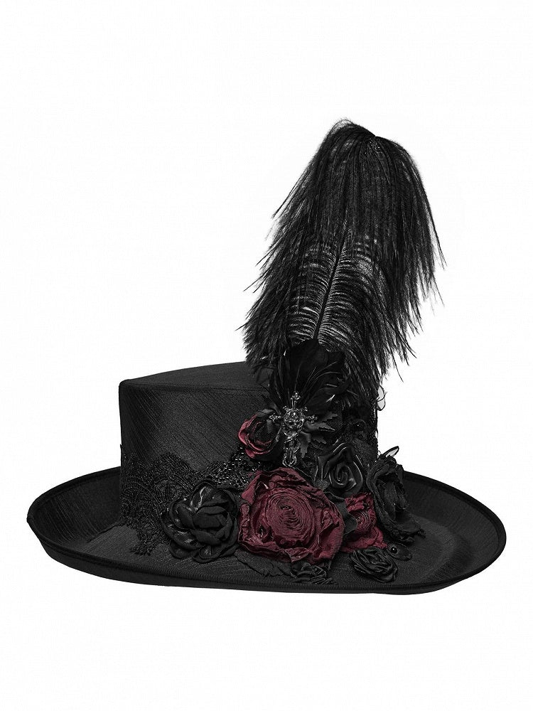 Victorian Rose Goth Feather Top Hat in Black & Red - Punk Rave