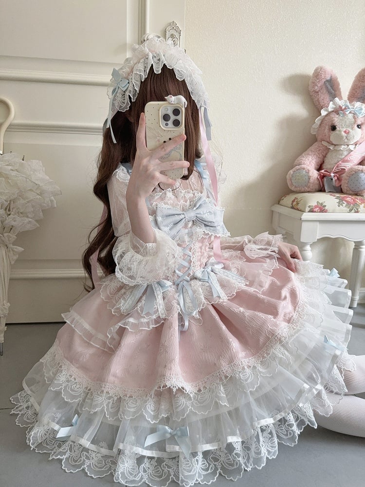 JSK Train / Details Lolita Embossed Dress Pink Only Bow Lace Jacquard Ruffled Princess + with Cute