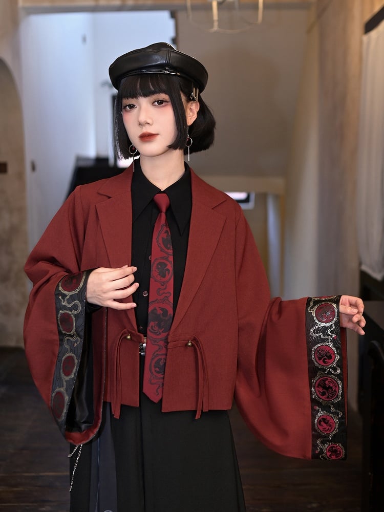Shirt Long-Sleeve Gothic Contrast Placket Tie Pre-Tied Button Red with Black Cheongsam