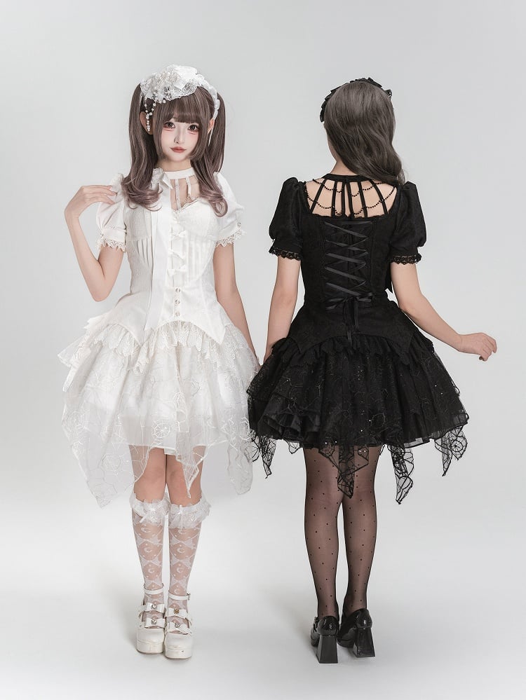 Alle Ärmel abnehmbare Stickerei kurzes Gothic-Top Hallow Spider + schwarzer Overlay Lolita Out Collar Web-Rock