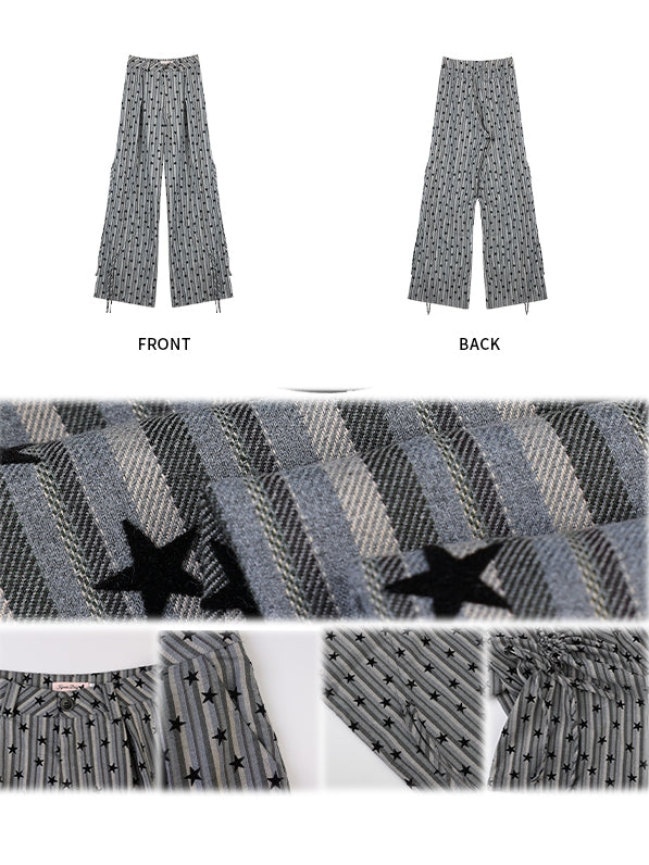 Gray Star-Striped Wide-Leg Pants with Ruched Cuffs