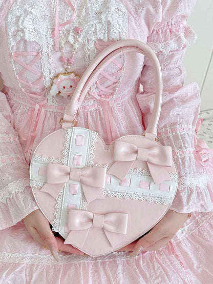 Tasche Abstrakt PU Schleife Leder mit Herz - Hand Süße Lineare Akzente Kreuz Rosa Lolita Design