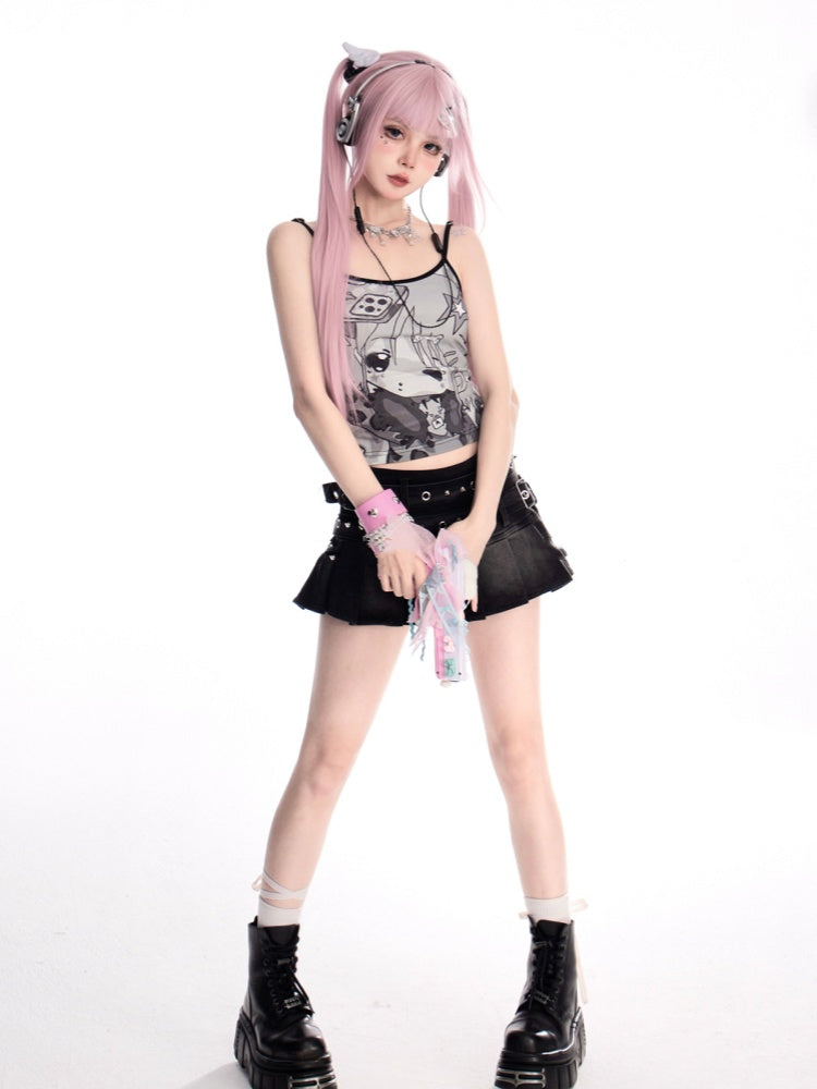 Schwarzes Cami-Top mit Rundhalsausschnitt und Cartoon-Print im Y2K-Stil