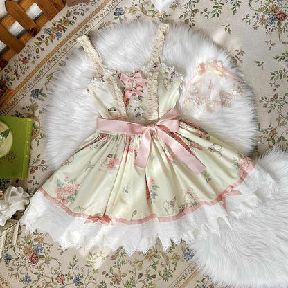 Kurzer Lolita-Print, Taille, Sommerrock, Kleid, hoher Rosettenpullover