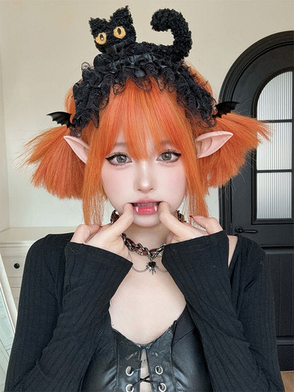 Orangefarbene, kurze, glatte Kunsthaarperücke mit vollem Pony