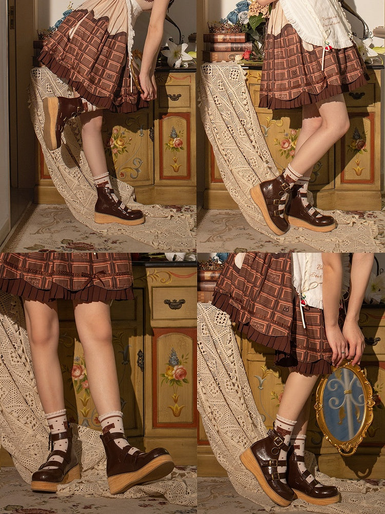 - Sohle Schnalle cm Knöchel 3–5 Maserung 3 braun Holz Stiefel Riemen Keil Plateau Vintage