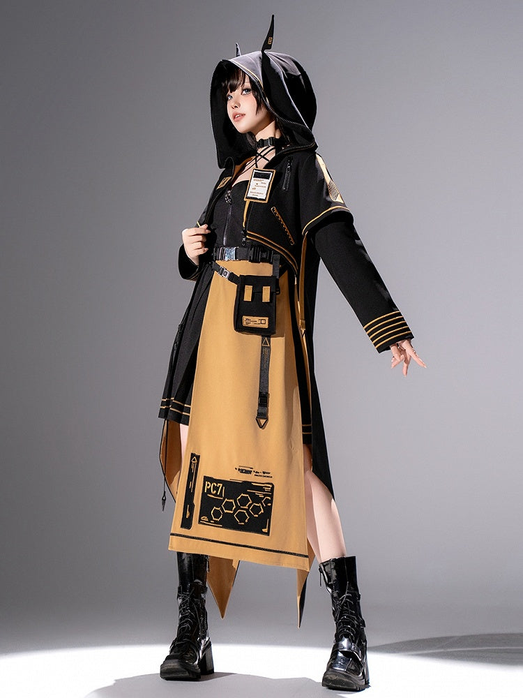 Cyberpunk Ouji Tech-Wear Black & Yellow Hooded Cropped Coat, Size S - Princess Chronicles