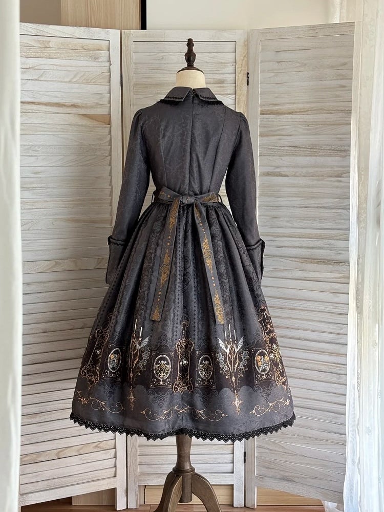 Dress Wings Lolita Collar Long Gothic with Peter Gray Bat Candelabras Sleeves Print Pan