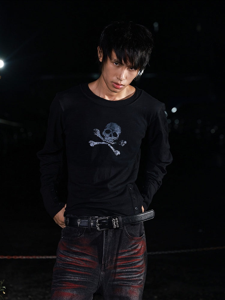 Black Double Neckline Skull Star Print Long Sleeve Punk Top - DETW OnLine