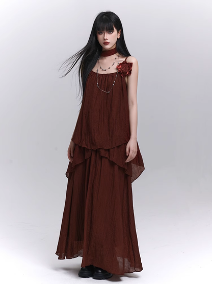 スカーフ装飾ワインレッドフローラル/キャミソールトップ