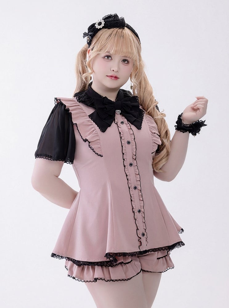 Chiffon Ruffle Dress with Lace Trim and Bow Set - Fluffy Heart