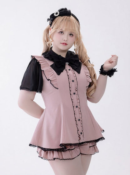 Chiffon Ruffle Dress with Lace Trim and Bow Set - Fluffy Heart