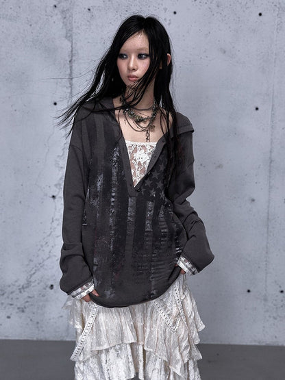 Hooded V-Neck Gray Dark with Loose Top Version Two-piece