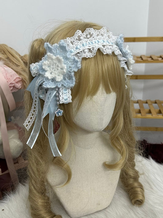 Hairband Lolita Snowflake White Blue with Sweet Knitted Charm Rhinestone