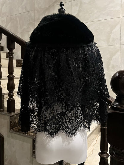 Lolita Lace Gothic Fur-Collared with Edging Cape Faux