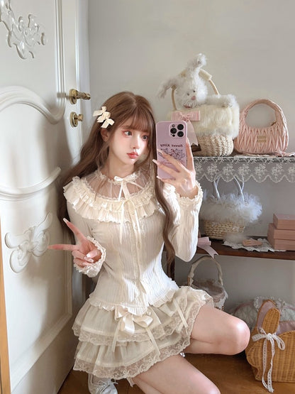 Vintage Strickschleife Weiße Strickjacke Rüschenspitze