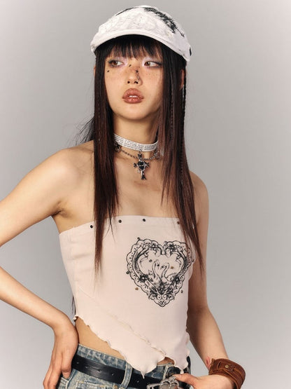Apricot with Swan Studded Y2K Top Punk Layered Print Crop Neck Hem Strapless Triangle