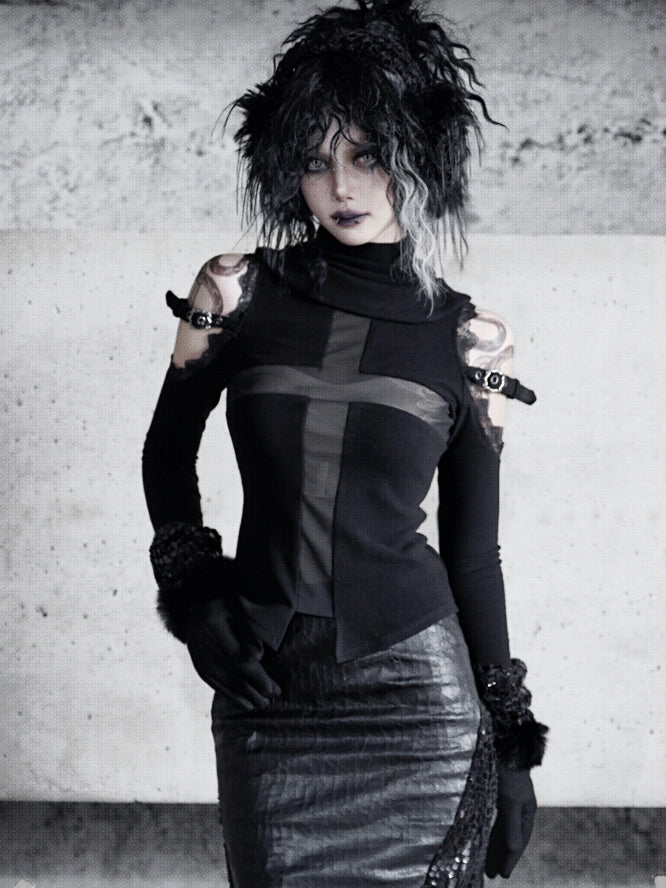 Schwarzes, halbtransparentes, langärmliges Gothic-Oberteil mit offenen Schultern und kreuzförmigen Netzeinsätzen