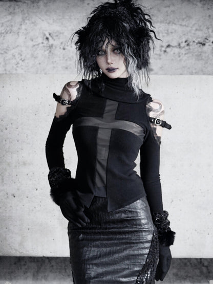 Schwarzes, halbtransparentes, langärmliges Gothic-Oberteil mit offenen Schultern und kreuzförmigen Netzeinsätzen