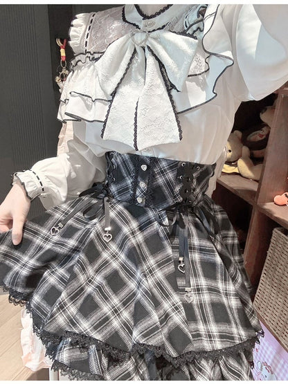 Monochrome Checkered High-Rise Lace-Trim Skirt - YoshiKi