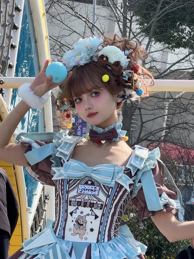 Brown Skirt Sleeves Detachable with Embroidery Dress Circus Lolita Jumper Bunny Blue Sweet Puff and
