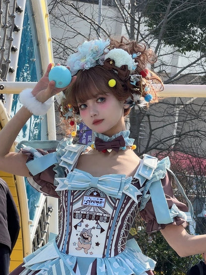Brown Skirt Sleeves Detachable with Embroidery Dress Circus Lolita Jumper Bunny Blue Sweet Puff and