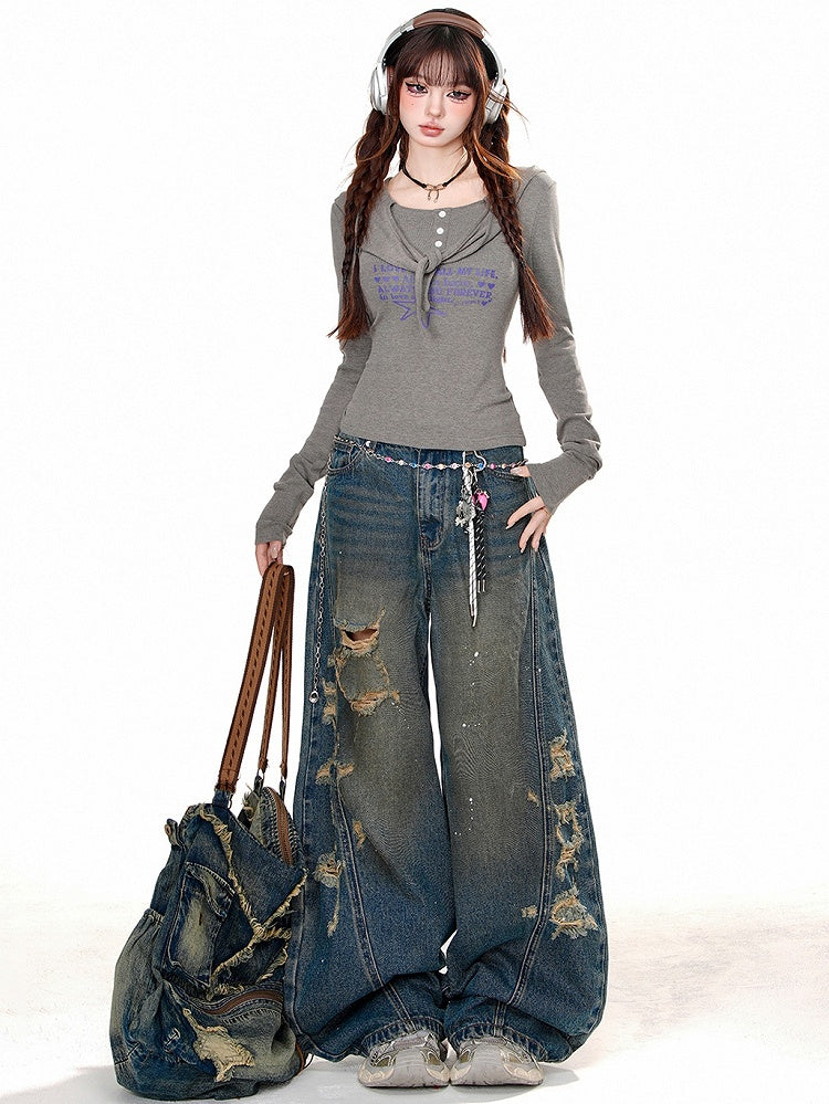 グレー/ブラウン レタープリント スリムフィット ロングスリーブ フード付きTシャツ