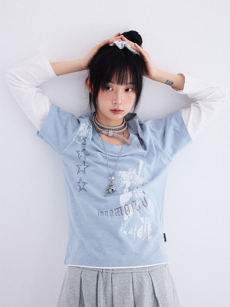 Dusty Blue Fake Two-Piece V-Neck Long Sleeve Tee with Print - innomoood