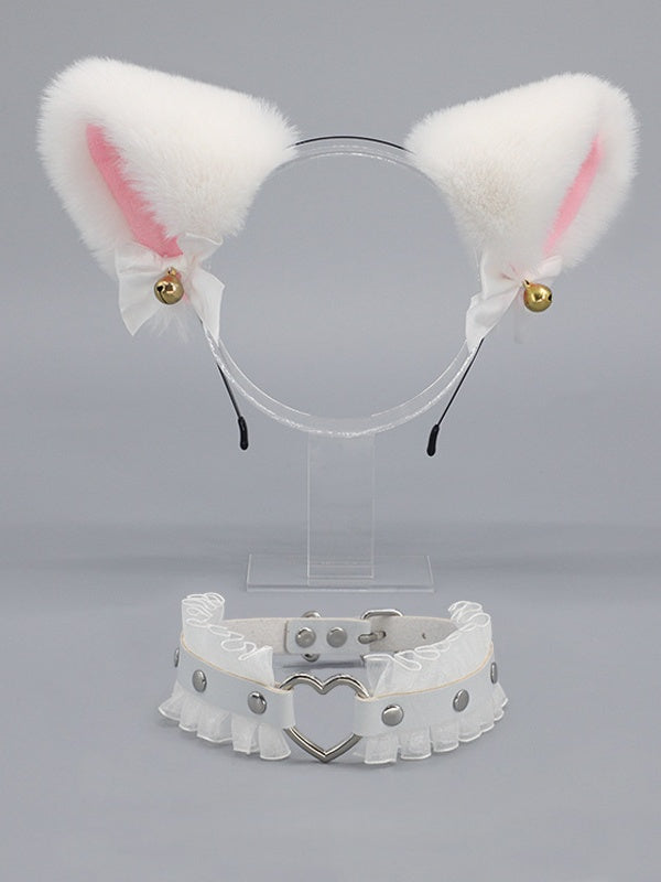 White KC Kitty Heart Black Decorated / Choker Ear Pink Set Bell Buckle Bowknot Plush +