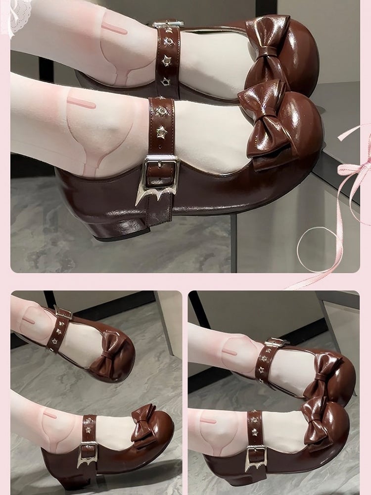 Sweet Janes Top Low-heel - at Toe Bow Accents Dark Brown Lolita PU Mary Star Round