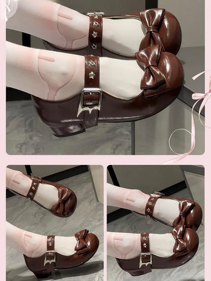 Sweet Janes Top Low-heel - at Toe Bow Accents Dark Brown Lolita PU Mary Star Round