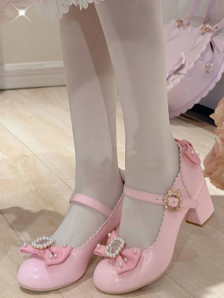 ジェーンズ ボウノット ラインストーン装飾 ラウンド メアリー ロリータ ディテール ビーズトゥ ピンク