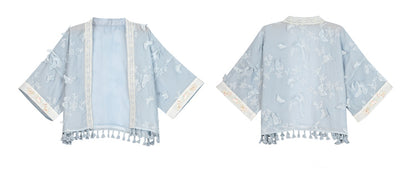 Sleeves Top Hem Butterfly Floral Embroidery Blue Tassels Design Long