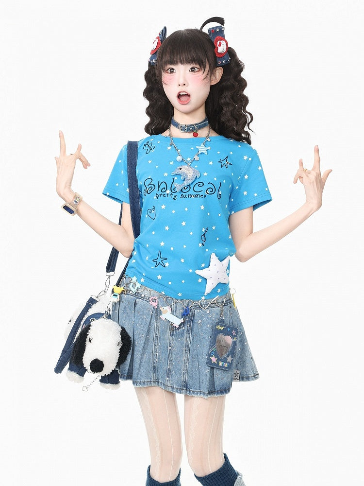 Blue Daily Kawaii Star Print Crew Neck Short Sleeve T-Shirt with 3D Star Decoration - Languid Park