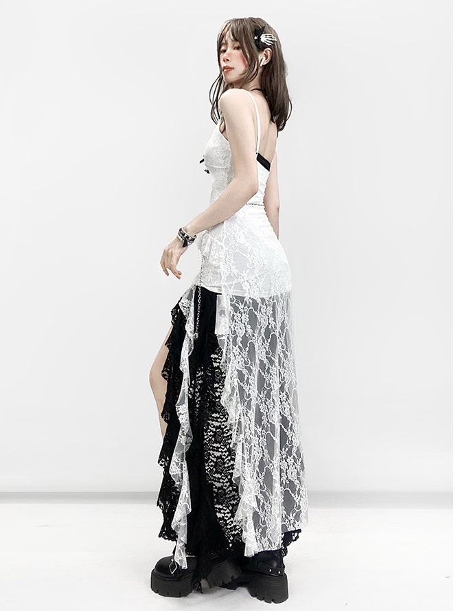 Dress Black Neck Lace + Halter Bittersweet Hem Cami Top White Skirt Asymmetrical