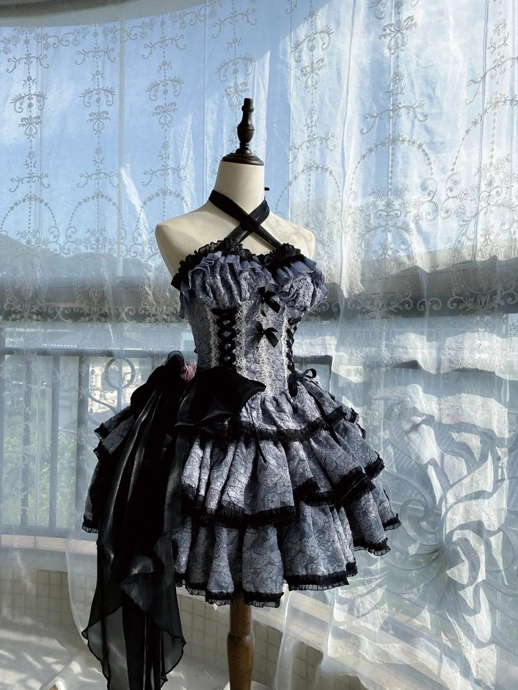Dress Lolita Multi-Layered Texture with Dark Blue Skirt and JSK Floral Black