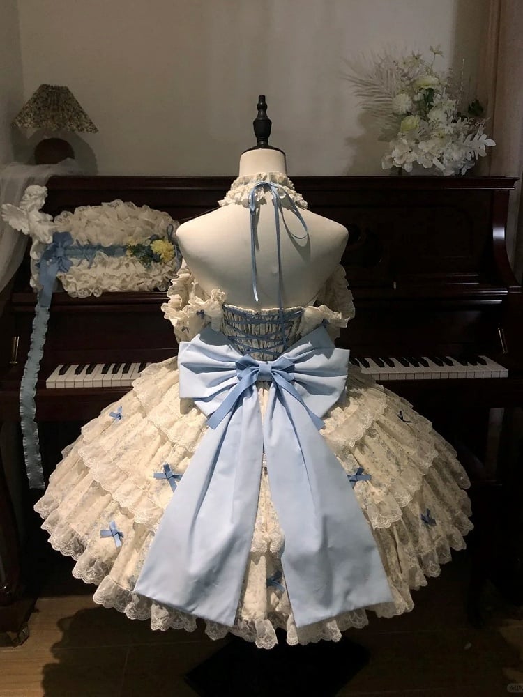with Neck Lolita Halter Bowknots Dress Print Hime Trim Floral and Lace Blue White