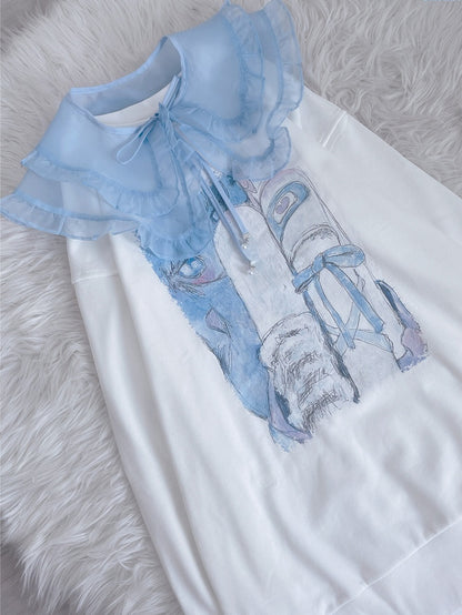 Tenshi Core Jirai Kei Light Blue Printed Sweatshirt Dress with Detachable Organza Faux Collar